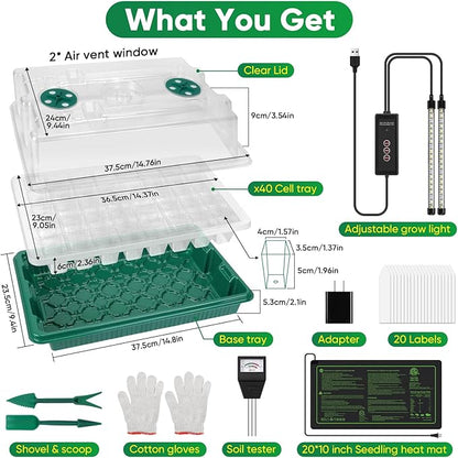BlumWay 4-in-1 Seed Starter Tray with Grow Light &Heat Mat & Soil Meter Set,40-Cells Seedling Tray with Humidity Dome for Indoor Plant