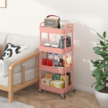 Sywhitta 4-Tier Plastic Rolling Utility Cart with Handle, Multi-Functional Storage Trolley for Office, Living Room, Kitchen, Movable Storage Organizer with Wheels, Pink