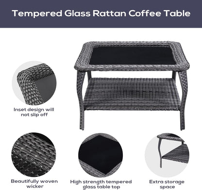 Outdoor Furniture Sectional Sofa L Shaped Couch - Patio Wicker Furniture Set with Coffee Table, 3 Piece Rattan Patio Conversation Sets with Gray Cushion for Deck Backyard Sunroom