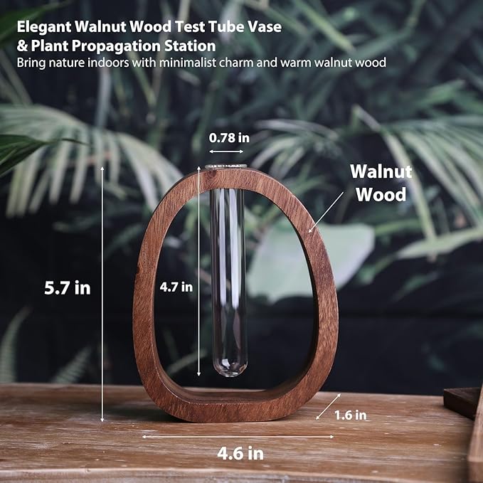 Plant Terrarium with Walnut Wooden Stand,Plant Propagation Station,Retro Propagation Vase,Hydroponics Planter for Cuttings,Greenery and Flowers,Minimalist Wooden Home and Office Décor Gift