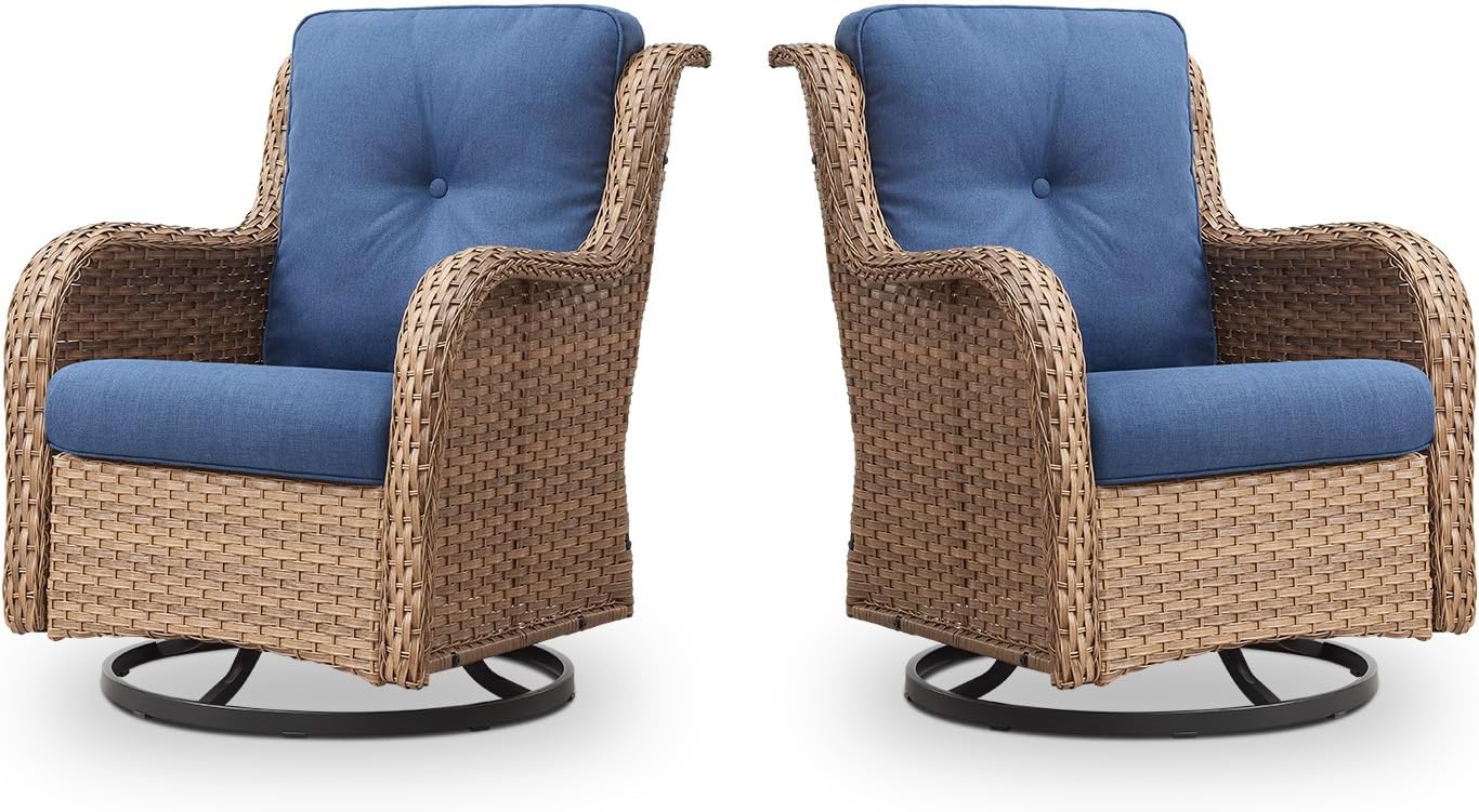 Outdoor Swivel Rocker Patio Chairs - 360 Degree Swivel Glider Seating 350LBS Weight Capacity Wicker Rocking Chairs Set of 2 with Removable Cushion for Porch Balcony Deck, Yellow/Blue