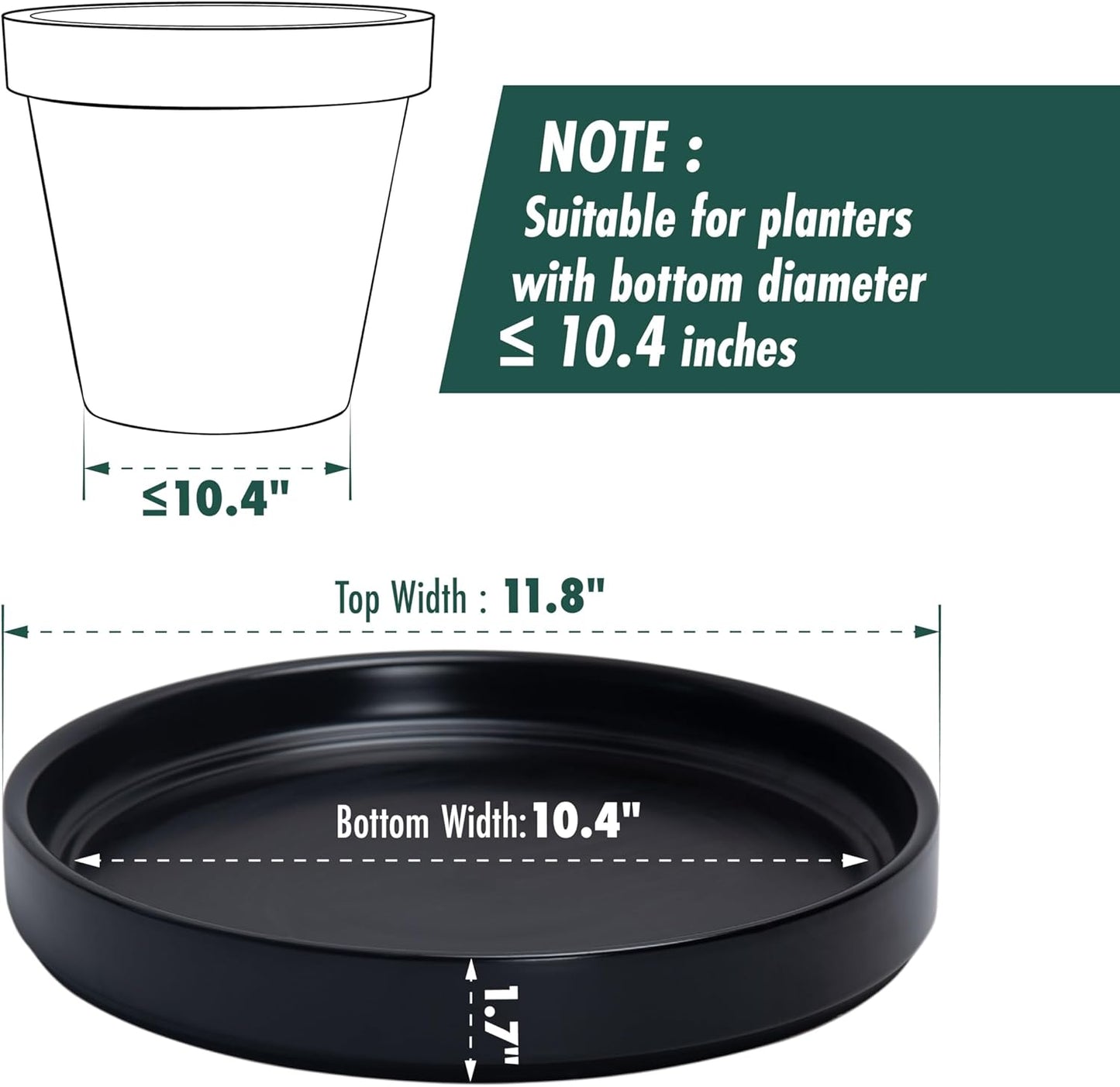 D'vine Dev Modern Round 10.4 Inch Ceramic Plant Pot Saucer, Planter Pot Drainage Tray for Indoor Plants, Matte Black, 97-T-B-5