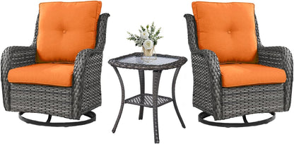 Outdoor Swivel Rocker Wicker Chairs Set of 3, High Back Swivel Patio Chairs Wicker Furniture Set, 2 PCS Rattan Swivel Rocking Chair with Side Table, Orange Cushion