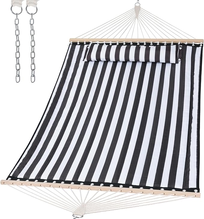 SUNCREAT Double Quilted Hammock with Hardwood Spreader Bar, Extra Large Soft Pillow, Heavy Duty 2 Person Hammock for Indoor, Outdoor, Black Stripes