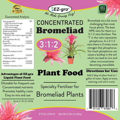 Professional Liquid Bromeliad Fertilizer by EZ-gro | 3:1:2 Ratio of Concentrate Indoor Plant Fertilizer for Your Bromeliads Live Plant | 8 oz Bottle