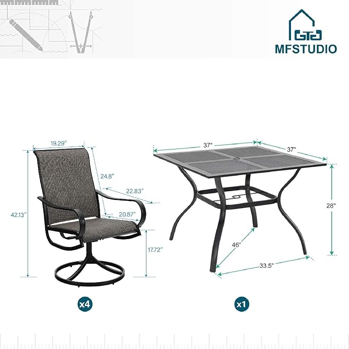 MFSTUDIO Outdoor Patio Dining Set for 4, Patio Table and Chairs Set for Deck/Backyard/Poolside/Garden, 5 Piece Patio Furniture Set with Umbrella Hole