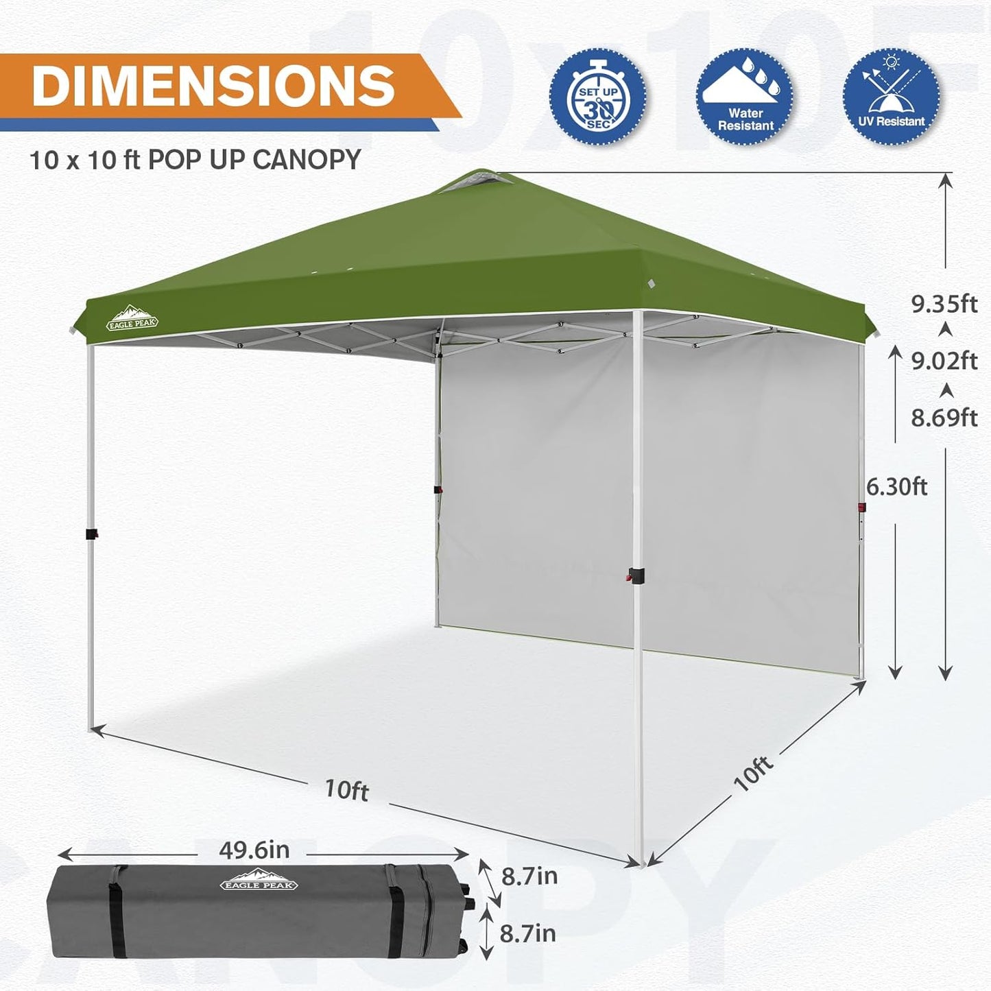 EAGLE PEAK Pop Up Canopy Tent with 1 Sidewall, Easy Setup Event Tent, Outdoor Sun Shade, Wheeled Carry Bag, Stakes and Guy Ropes, Instant Canopy 10x10, Grass Green