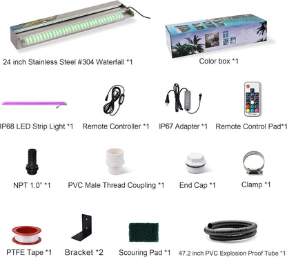 24" Water Pool Fountain 304 Stainless Steel Lighted Pool Waterfall Spillway with Wider Water Flow Platform, Multi-Color LED Strip Light with Remote Control for Indoor, Garden, Outdoor Decoration
