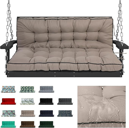 Swing Replacement Cushions with Backrest, 2 or 3 Seater Waterproof Non-Slip Overstuffed Swing Pad, Indoor/Outdoor Bench Cushion for Porch Chair Garden Furniture (Khaki, 40 * 63 in)