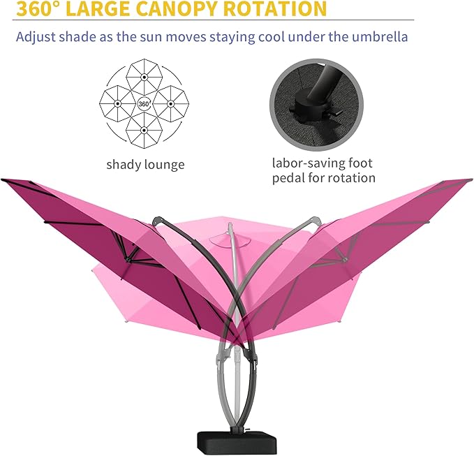 Kingdura 11ft Cantilever Patio Umbrella with Base Included, Large Round Offset Outdoor Pool Umbrella, 360° Rotation & Infinite Tilt, Heavy Duty Aluminum Frame for Deck Backyard, Rose Pink