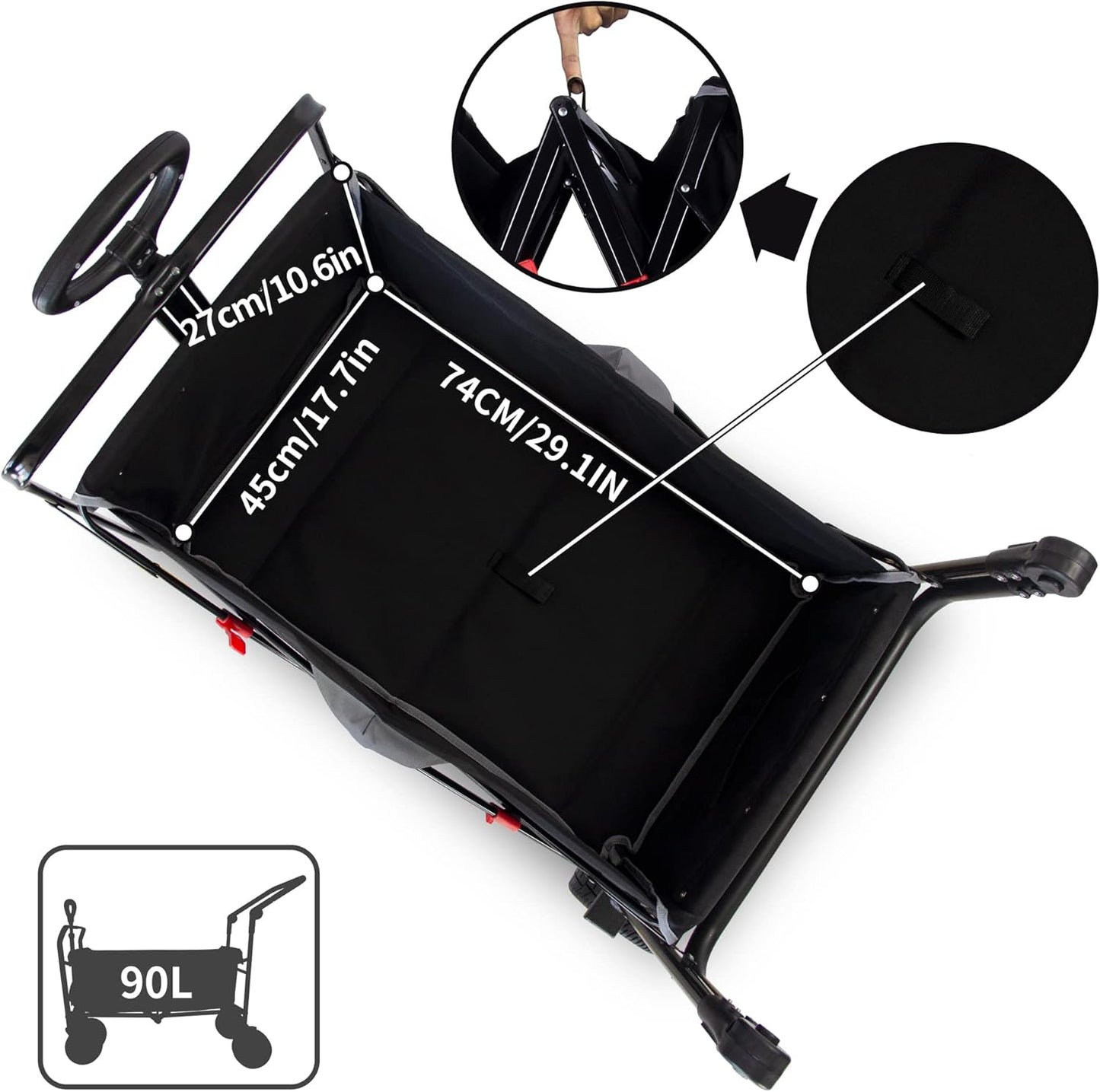 TMZ All Terrain Utility Folding Wagon, Collapsible Garden Cart, Heavy Duty Beach Wagon, for Shopping, Camping, and Outdoor Activities with Push Handle and Brakes (Black/Grey)