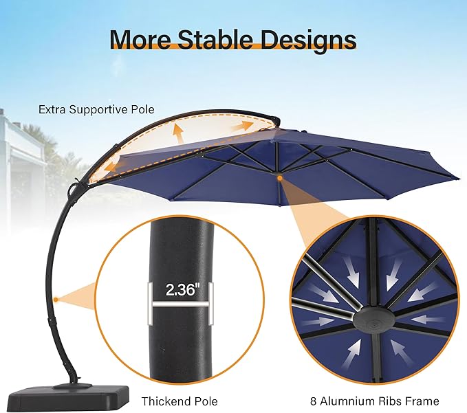 LAUSAINT HOME Sunbrella Outdoor Patio Umbrella with Base, 12FT Deluxe Curvy Cantilever Umbrella Offset Hanging Umbrella with 360° Rotation for Market, Pool, Deck, Garden, Backyard (Sunbrella Navy Blue)