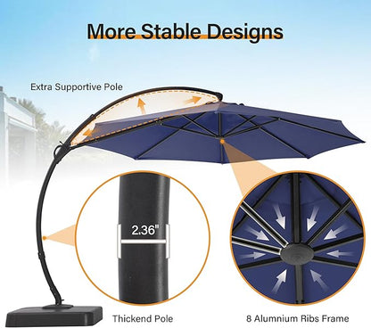 LAUSAINT HOME Sunbrella Outdoor Patio Umbrella with Base, 12FT Deluxe Curvy Cantilever Umbrella Offset Hanging Umbrella with 360° Rotation for Market, Pool, Deck, Garden, Backyard (Sunbrella Navy Blue)