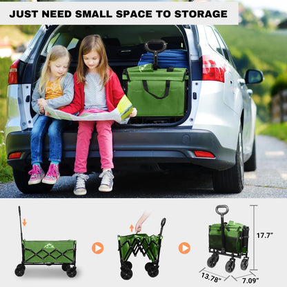 Collapsible Wagon 352LBS Capacity, Foldable Large Carts, Heavy Duty Outdoor Folding Cart with All-Terrain Wheels, Utility Garden Beach Wagon with Storage Bag Green