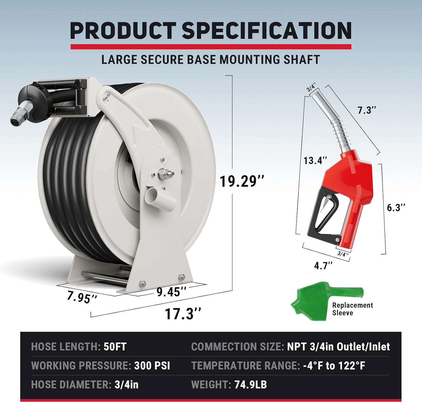 Fuel Hose Reel 3/4" x 50' Retractable with Fueling Nozzle Diesel Hose Reel 300 PSI Industrial Auto Swivel Heavy Duty Steel Construction for Farm Ship Vehicle Tank