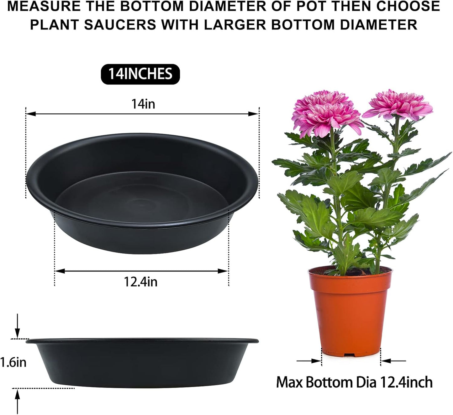 TITE Plant Saucer 14 inch,Heavy Large Planter Durable Thicker Plastic Plant Trays for Indoors and Outdoor,Plant Saucer Drip Trays,Black (14 inch, Black)