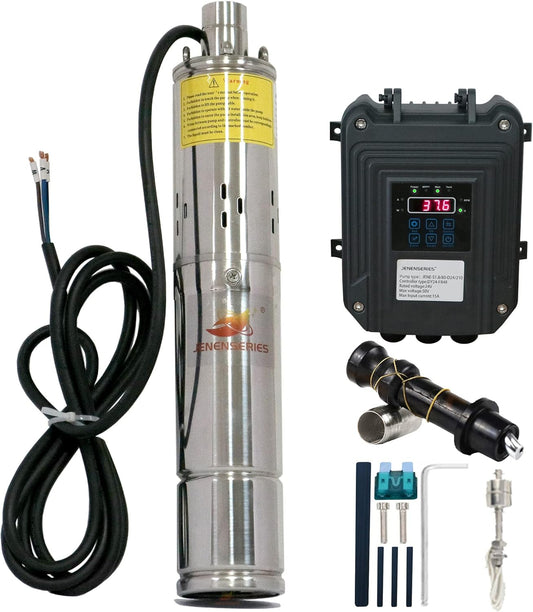 Pump 270W DC 24V Solar Water Pumps, Max head 262ft,7.9GPM Flow，3 inch Solar deep well submersible Pumps with MPPT controller （270W 24V)