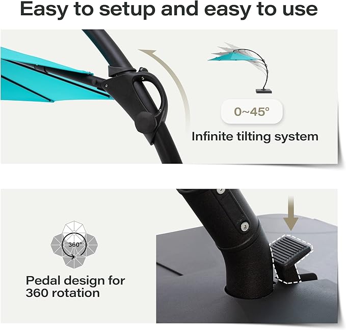 LAUSAINT HOME Outdoor Patio Umbrella with Base, 11 FT Deluxe Curvy Cantilever Umbrella Heavy Duty Offset Hanging Umbrella with 360° Rotation for Market, Pool, Garden, Backyard, Deck (Turquoise Blue)