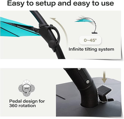 LAUSAINT HOME Outdoor Patio Umbrella with Base, 11 FT Deluxe Curvy Cantilever Umbrella Heavy Duty Offset Hanging Umbrella with 360° Rotation for Market, Pool, Garden, Backyard, Deck (Turquoise Blue)