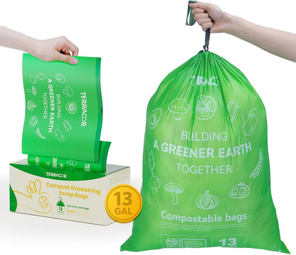 13 Gallon Compostable Trash Bags Liners Drawstring, Heavy Duty Extra Thick 1 Mil, 49.21 Liter, 35 Bags, Tall Kitchen Food Scrap Waste Bag, ASTM D6400