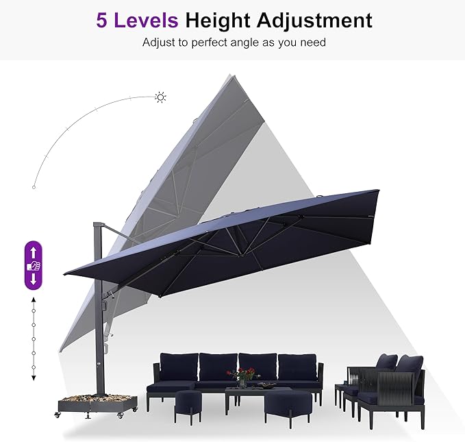 PURPLE LEAF 13 FT Square Patio Umbrella with Base Included Large Outdoor Aluminum Offset Umbrella with 360-degree Rotation Cantilever Umbrella for Garden Deck Backyard Pool Navy Blue