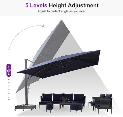 PURPLE LEAF 13 FT Square Patio Umbrella with Base Included Large Outdoor Aluminum Offset Umbrella with 360-degree Rotation Cantilever Umbrella for Garden Deck Backyard Pool Navy Blue