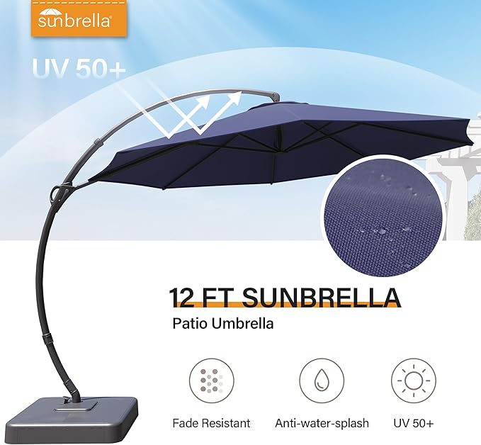 LAUSAINT HOME Sunbrella Outdoor Patio Umbrella with Base, 12FT Deluxe Curvy Cantilever Umbrella Offset Hanging Umbrella with 360° Rotation for Market, Pool, Deck, Garden, Backyard (Sunbrella Navy Blue)