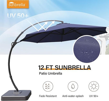 LAUSAINT HOME Sunbrella Outdoor Patio Umbrella with Base, 12FT Deluxe Curvy Cantilever Umbrella Offset Hanging Umbrella with 360° Rotation for Market, Pool, Deck, Garden, Backyard (Sunbrella Navy Blue)