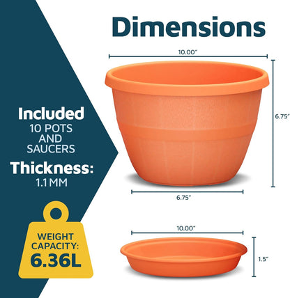 10-Inch Whiskey Barrel Planters Outdoor Pack of 10 - Durable Plastic Plant Pots for Indoor & Outdoor Use with Drainage & Saucer, Lightweight Rustic Barrel Planters for Flowers, Herbs & Small Plants