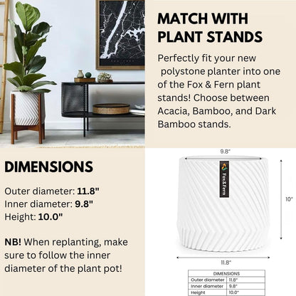 Fox & Fern Large 12 Inch Planter with Drainage Plug — Premium Polystone White Plant Pot; Modern Planter with 3D Texture and Ceramic Finish; 12 Inch Pots for Plants Indoor & Outdoor