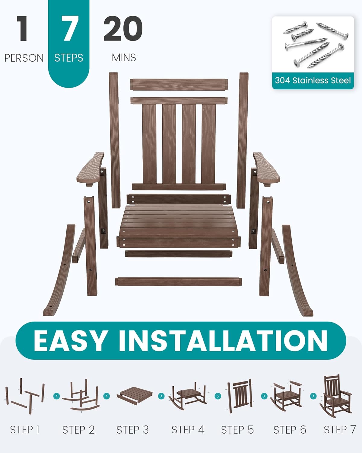 SERWALL Oversized Outdoor Rocking Chair Set of 2, HDPE Rocker for Adults, Patio Rocking Chairs for Porch, Brown