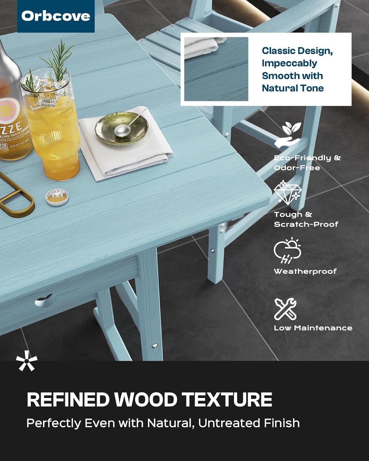 3-Piece Bar Height Outdoor Table and Chairs Set, HDPE Wood Grain Patio Bar Table and Chairs with Heart Cutout Design, Weather-Resistant Bar Height Furniture for Deck, Porch, Pool (Light Blue)