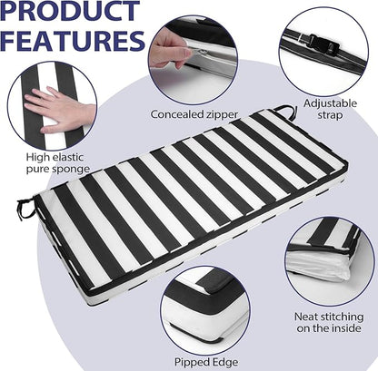 Outdoor Bench Cushion 48x16x3 Inch with Ties, Thick Waterproof Porch Swing Cushions for Patio Furniture Chair Pad, Seat Sofa Garden Replacement Cushion Sponge Filling (Black&white Stripes, 48x16)