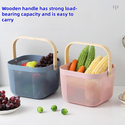 3pcs plastic harvest baskets, foldable wooden handles, rectangular garden storage baskets, for picking and collecting vegetables and fruits in the garden cabinet (Pink)