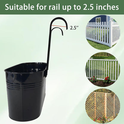 Hanging Planters for Outdoor Plants, 17" Railing Planter Pots, Metal Fence Flower Pot for Porch Balcony with Detachable Hook (Black, Pack of 6)