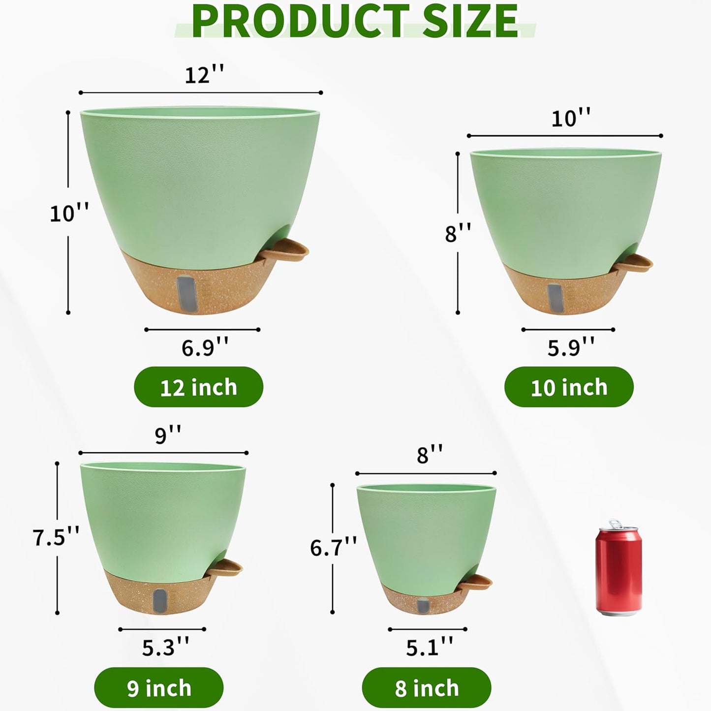 12/10/9/8 inch Self Watering Pots with Visual Water Window, Extra Large Self Watering Plant Pot with Drainage Holes and Saucers, Green Flower Pots for Indoor Plants