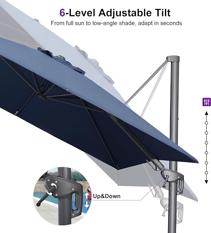 PURPLE LEAF 8' X 8' Swivel Outdoor Patio Aluminum Umbrella with Base Left-right Tilting Cantilever Offset Umbrella with UV Resistant Heavy Duty Fabric for Deck Pool Patio Backyard, Ocean Slate