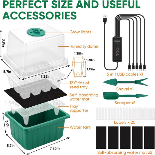 BlumWay Self-Watering Seed Starter Tray Kit with Grow Light and Humidity Dome,3 Color Growing Light,5-Pack 60-Cell Plant Seedling Tray,Reusable Plastic Germination Trays,Timed Light Plant Starter Set
