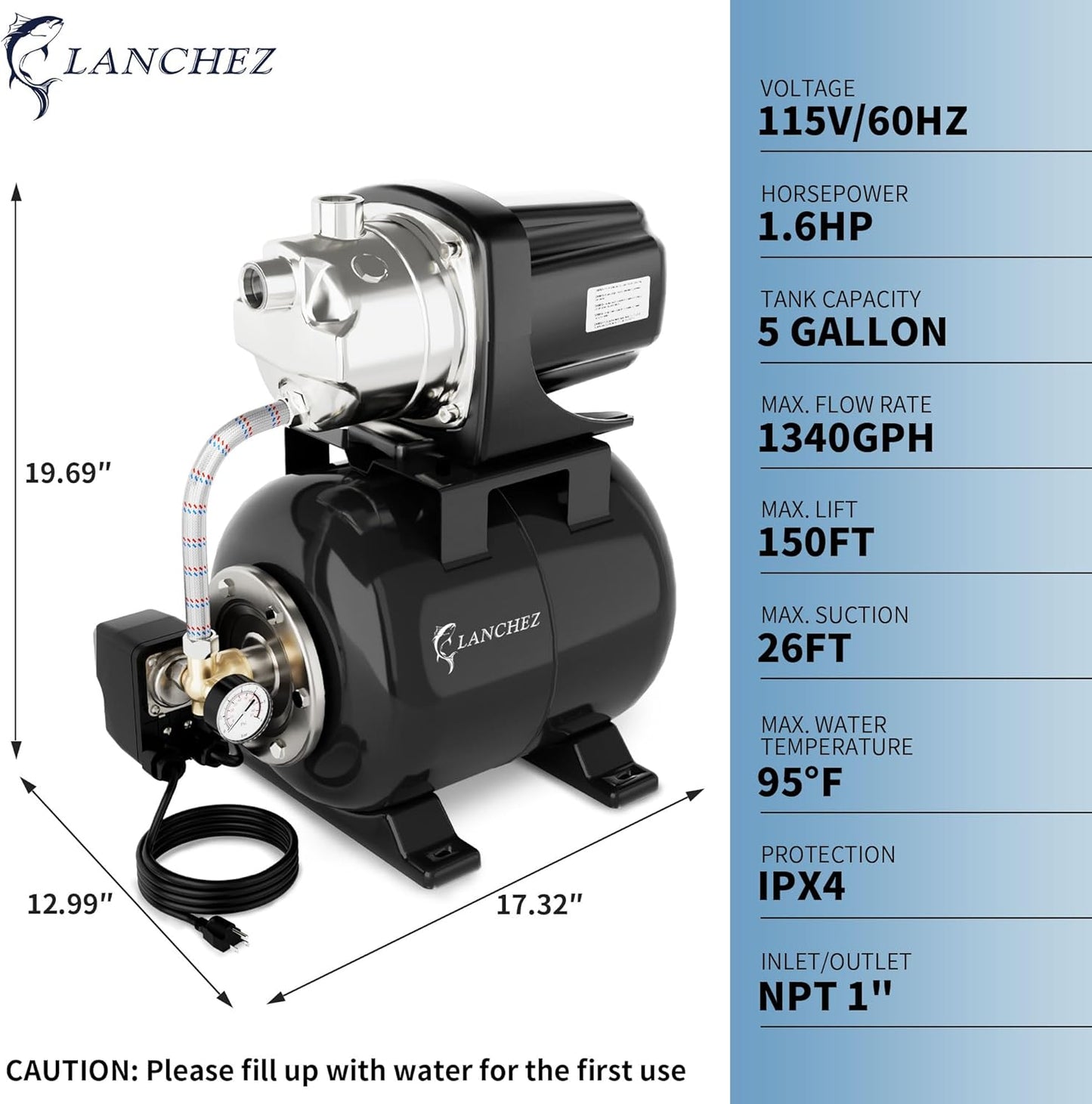 LANCHEZ 1.6HP Shallow Well Pump with Pressure Tank, 1340GPH Automatic Irrigation Water Booster Jet Pump, 115V Stainless Steel Water Transfer Pump for Home Garden Lawn Sprinkler Irrigation