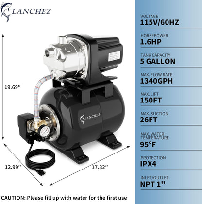 LANCHEZ 1.6HP Shallow Well Pump with Pressure Tank, 1340GPH Automatic Irrigation Water Booster Jet Pump, 115V Stainless Steel Water Transfer Pump for Home Garden Lawn Sprinkler Irrigation