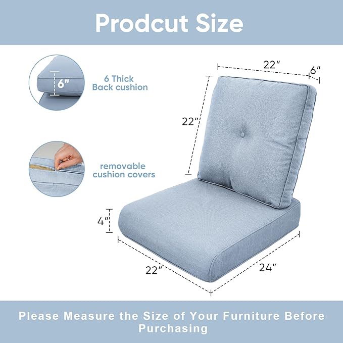Patio Chair Cushions 4 Packs - Outside High Back Thick Water-Resistant Cushion 22x24 with Zipper Cover for Outdoor Glider Rocking Chairs Loveseat Couch – Baby Blue/Buckle