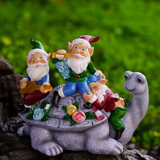 Solar Garden Outdoor Statues Three Gnomes Having Party on Turtle with 7 LED Solar Figurine for Lawn,Patio,Balcony,Yard Decor Unique Housewarming Gift, for Grandfather, Father,Grandma,Wen
