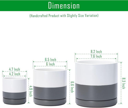 D'vine Dev 4 Inch & 6 Inch & 8 Inch, Set of 3 Round Ceramic Planter Pot with Drainage Hole and Saucer, White/Speckled Grey, 94-T-M-6