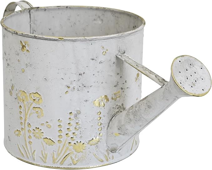 Vintage Metal Watering Can Planter with Embossed Floral - Distressed White Decorative Watering Pot for Indoor/Outdoor Flowers, Succulents & Herbs, Rustic Home Decor Accent