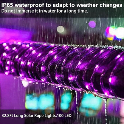 Purple Solar Rope Lights for Outside - 100 LED 33FT Solar Powered Halloween String Lights with 8 Lighting Modes, Halloween Decoration Outdoor, Waterproof Tube Light for Garden Yard Party Tree Decor