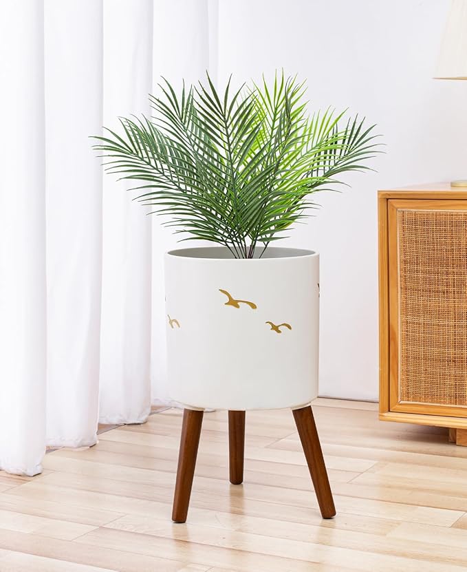 12 Inch Planter,Plant Pot with Stand for Indoor Plants,Large Modern Plant Pots with a Dove Pattern Indoor Outdoor with Drainage for Home Garden Patio,White and Gold