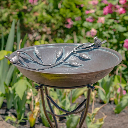 Zaer Ltd. Deep Well Made Metal Birdbath with 2 Cast Iron Birds and Leaf Decoration (Bronze)