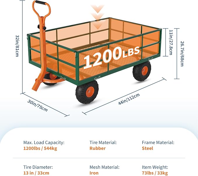 1200LB Capacity Garden Cart, 3-in-1 Heavy Duty Utility Wagon with 13" All-Terrain Tires, Removable Mesh Sides & 180° Swivel Handle - Outdoor Yard Cart for Gardening, Farming, Patio Use