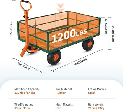1200LB Capacity Garden Cart, 3-in-1 Heavy Duty Utility Wagon with 13" All-Terrain Tires, Removable Mesh Sides & 180° Swivel Handle - Outdoor Yard Cart for Gardening, Farming, Patio Use