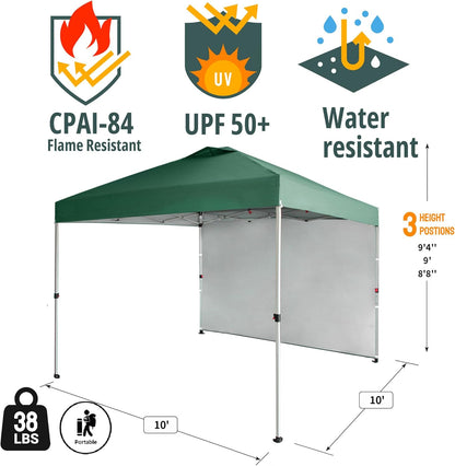 CROWN SHADES 10x10 Pop Up Canopy with 1 Side Wall - Beach Tent with One Push Setup - Outdoor Sun Shade for Events, Parties, Camping - Gazebo with STO-N-Go Cover Bag (Forest Green)